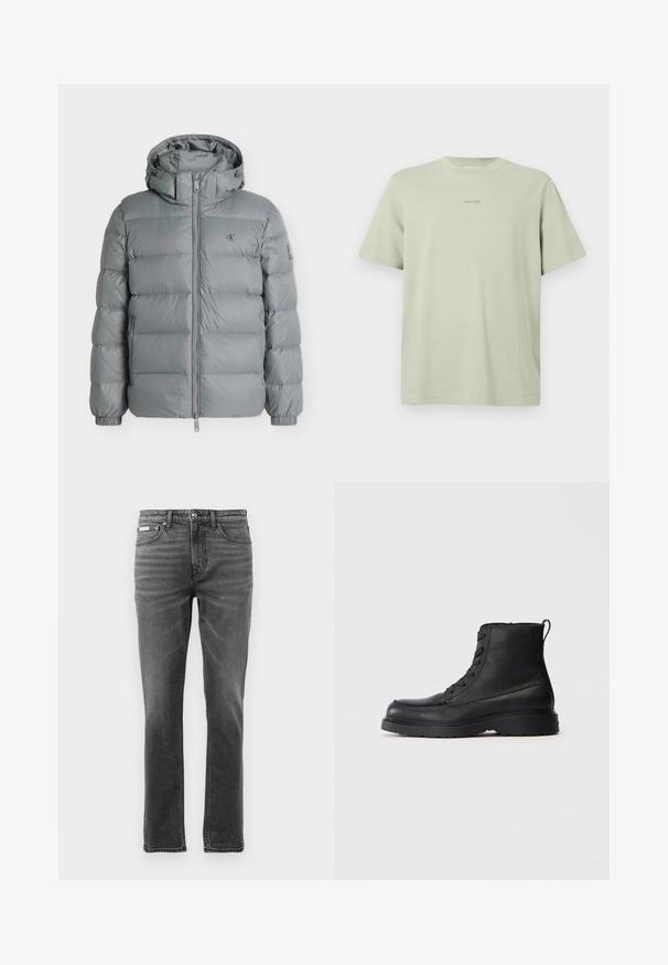 Graue Steppjacke mit Kapuze, durchgehendem Frontreißverschluss, Seitentaschen, elastischen Bündchen und kleinem Logo auf Brust und Ärmel.; Hellgrünes Baumwoll-T-Shirt mit Rundhalsausschnitt, kurzen Ärmeln und einem kleinen Calvin Klein-Logo in einer dunkleren Farbe, das auf der Brust gedruckt ist.; Dunkelgraue Denim-Jeans mit geradem Bein, Fünf-Taschen-Design, subtilen Verblassungsmustern und Metallelementen am Taillenbund.; Schwarze strukturierte Leder-Schnürstiefelette mit dicker Sohle und Zuglasche hinten, Seitenansicht.