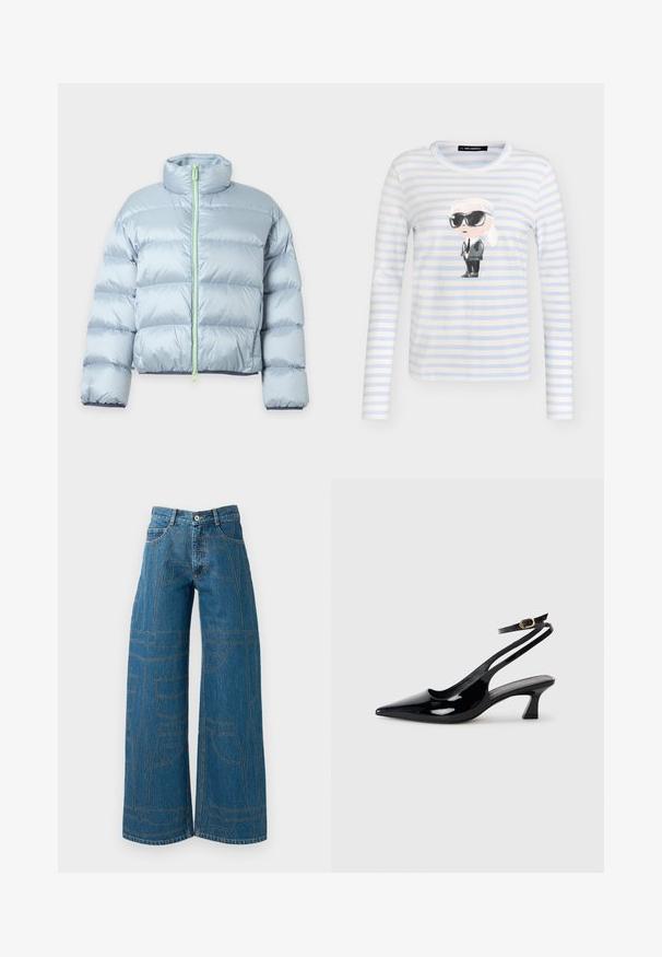 Doudoune bleu clair avec matelassage horizontal, col montant, manches longues et fermeture éclair frontale dans une couleur plus claire en contraste.; Chemise rayée blanche et bleu clair à manches longues avec une figure de dessin animé portant des lunettes de soleil noires et un costume, centrée devant.; Jeans évasés en denim bleu moyen avec des motifs de couture contrastants et plusieurs designs de poches. Taille haute avec une fermeture à bouton.; Escarpins à brides arrière en cuir verni noir, à bout pointu, avec un petit talon carré et une sangle de cheville ajustable dotée d'une boucle dorée.
