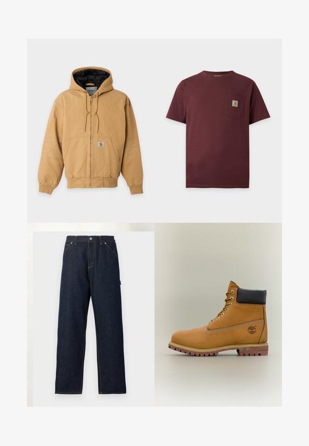 Tan zip-up hooded jacket with black quilted lining, front pockets, and a small Carhartt logo patch on the pocket.; Short-sleeve dark brown t-shirt with chest pocket featuring a small Carhartt logo patch.; Dark blue straight-leg denim jeans with front pockets, belt loops, and a button closure at the waist against a plain background.; Brown leather ankle boot with black collar, yellow laces, and tan sole. Features logo and white stitching detail. Rugged traction outsole.