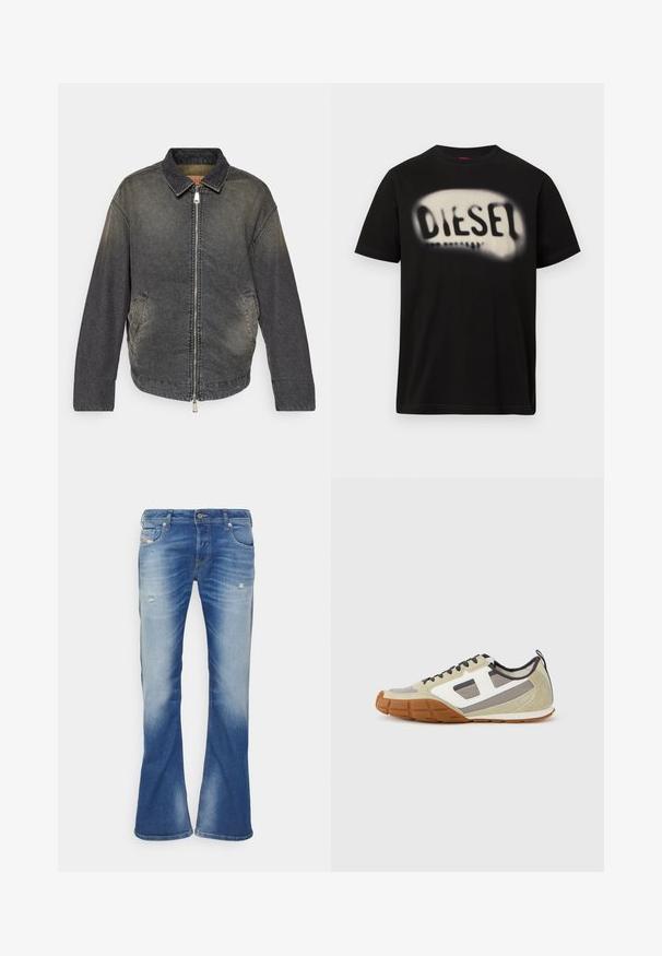 Denimjakke i falmet sort med nedfældbar krave, lynlåslukning foran, sidelommer og en afslappet pasform. Tekstureret stof med let glans.; Sort bomuld T-shirt med stort, sløret hvidt logo med ordet "DIESEL" på tværs af fronten. Korte ærmer, rund halsudskæring.; Blå, falmede bootcut jeans med let slid på forsiden af lårene og klassisk fem-lomme design på hvid baggrund.; Athletiske sneakers med beige overdel med grå og hvide accenter, tekstureret ruskind og mønstret gummisål. Brune skosnørebånd og en trækflig medfølger.