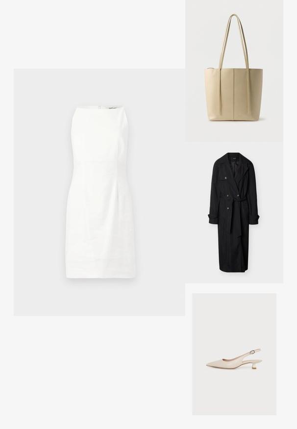 Zwarte lange trenchcoat met wijde revers, dubbelrijige knopen, een tailleband en omgeslagen mouwen tegen een witte achtergrond.; Witte mouwloze jurk met een aansluitende vorm, een stevige textuur en een verborgen rits aan de achterkant. Minimalistisch ontwerp zonder patronen of accenten.; Beige slingback schoen met spitse neus, lage kittenhak en een enkelbandje met een kleine gesp, afgebeeld op een effen witte achtergrond.; Beige leren handtas met twee lange schouderbanden en een eenvoudige verticale naad in het midden.