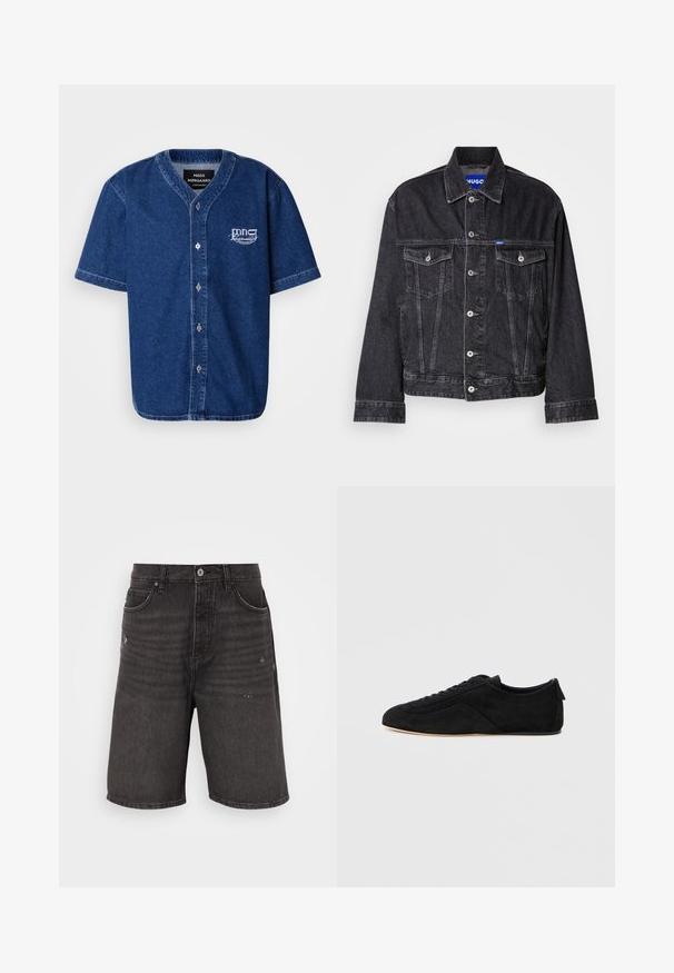 Chaqueta de mezclilla negra con un collar puntiagudo, cierre frontal con botones, dos bolsillos en el pecho y costuras en contraste.; Camisa de manga corta, abotonada, hecha de denim azul oscuro con un cuello clásico y un logotipo bordado en blanco en el lado izquierdo del pecho.; Shorts de mezclilla negra con un corte relajado, que cuentan con bolsillos frontales, una textura desgastada y una cinturilla clásica con un cierre de botón sencillo.; Zapatilla deportiva de ante negro de corte bajo con cordones en la parte delantera y suela beige, mostrada desde el lado exterior sobre un fondo gris claro.