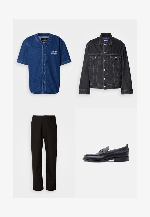 Schwarze Jeansjacke mit spitzem Kragen, vorderem Knopfverschluss, zwei Brusttaschen und kontrastierenden Nähten.; Kurzärmliges, knöpfbares Hemd aus dunkelblauem Denim mit klassischem Kragen und weißem gesticktem Logo auf der linken Brust.; Schwarze Baumwollhosen mit geradem Schnitt, Gürtelschlaufen, einem Reißverschluss vorne und einem einzelnen Knopfverschluss. Glatte Textur ohne sichtbare Muster.; Schwarzer Lederloafer mit grauem, strukturiertem Vorderblatt, silberner Metallschnalle, niedrigem Absatz und Zuglasche hinten.