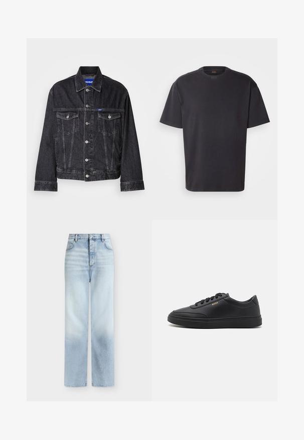 Veste en denim noir avec col pointu, fermeture à boutons sur le devant, deux poches poitrine et coutures contrastantes.; T-shirt noir à manches courtes en coton, avec un col rond et un logo discret au niveau du col. Texture lisse avec une coupe décontractée.; Jeans bleu clair taille haute à jambes droites, avec poches avant, passants de ceinture et fermeture par bouton.; Baskets en cuir noir avec une texture lisse, bout rond, semelle en caoutchouc plate et lacets ton sur ton. Présente une marque "BOSS" dorée sur le côté.