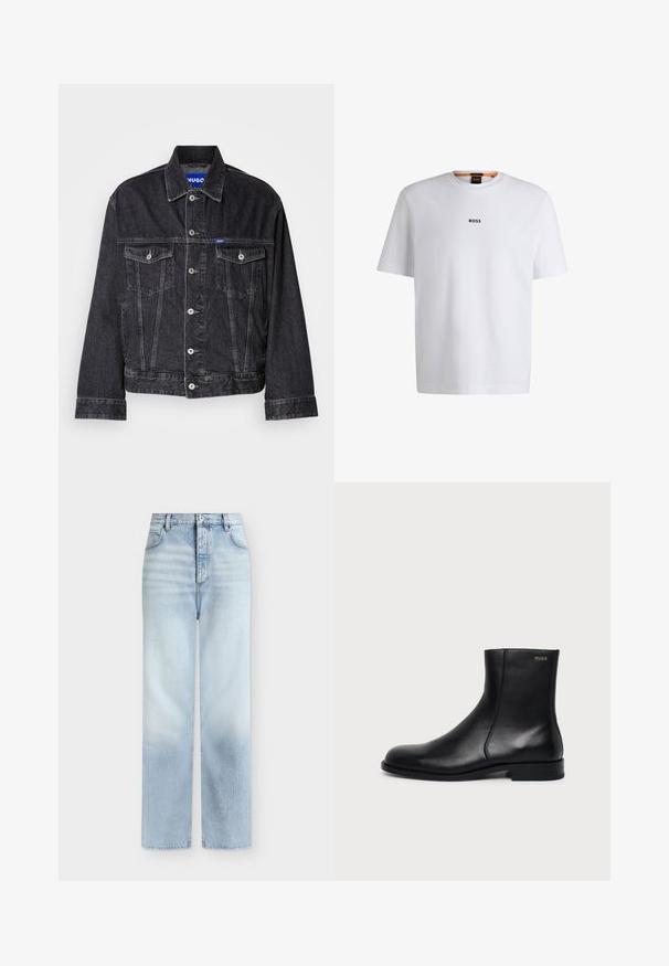 Veste en denim noir avec col pointu, fermeture à boutons sur le devant, deux poches poitrine et coutures contrastantes.; T-shirt en coton blanc à manches courtes, avec un logo noir "BOSS" centré sur la poitrine et un design à col rond.; Jeans bleu clair taille haute à jambes droites, avec poches avant, passants de ceinture et fermeture par bouton.; Bottine en cuir noir à talon bas, couture latérale et petit logo "HUGO" sur le revers supérieur sur un fond uni.