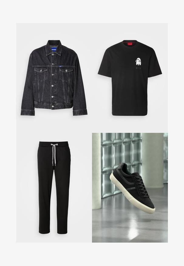Sort denimjakke med spids krave, frontknaplukning, to brystlommer og kontrasterende syninger.; HUGO DICATIKO - T-shirts print - black; Sorte sweatpants lavet af blødt stof, med elastisk talje med snor og sidelommer. Casual design med lige pasform.; Sort lavt sneakersko med hvid sål og snørebånd, mærket "BOSS", svævende indendørs nær glasblokvinduer og betonpiller.