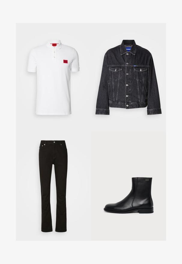 Chaqueta de mezclilla negra con un collar puntiagudo, cierre frontal con botones, dos bolsillos en el pecho y costuras en contraste.; Camisa polo blanca de algodón, con un ribete de tres botones, mangas cortas y un parche de logo rectangular rojo en el lado izquierdo del pecho.; Jeans de denim negro con diseño de pierna recta, que cuentan con bolsillos frontales, una cremallera y acentos de hardware plateado. Textura suave, sin patrones.; Botín negro de cuero con tacón bajo, costura lateral y pequeño logo "HUGO" en el puño superior sobre un fondo liso.