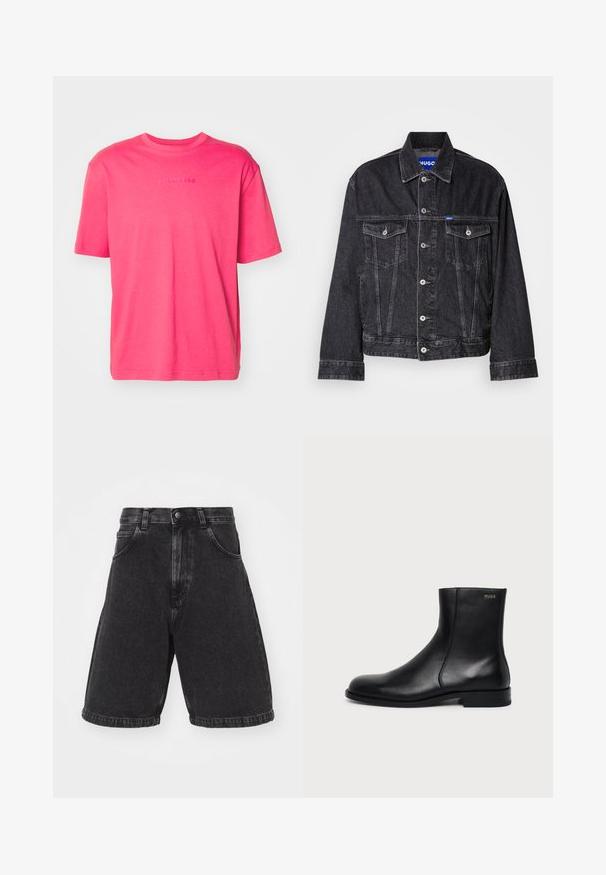 Sort denimjakke med spids krave, frontknaplukning, to brystlommer og kontrasterende syninger.; Kortærmet t-shirt med rund hals i lys pink bomuld med præget brandlogo i midten, der har en afslappet pasform og en glat tekstur.; Sorte denim shorts med høj talje, løst fit og opkrøllet kant. Har for- og baglommer samt klassisk knaplukning.; Sort læderankelstøvle med lav hæl, sidesyning og lille "HUGO" logo på den øverste manchet mod en ensfarvet baggrund.