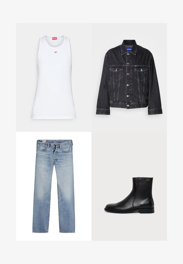 Veste en denim noir avec col pointu, fermeture à boutons sur le devant, deux poches poitrine et coutures contrastantes.; Débardeur blanc sans manches en tissu lisse. Il présente un col rond et un petit logo "D" rouge au centre.; Jean en denim bleu clair avec une coupe droite, featuring un zip à boutons, un design à cinq poches, et une texture délavée sur les cuisses.; Bottine en cuir noir à talon bas, couture latérale et petit logo "HUGO" sur le revers supérieur sur un fond uni.