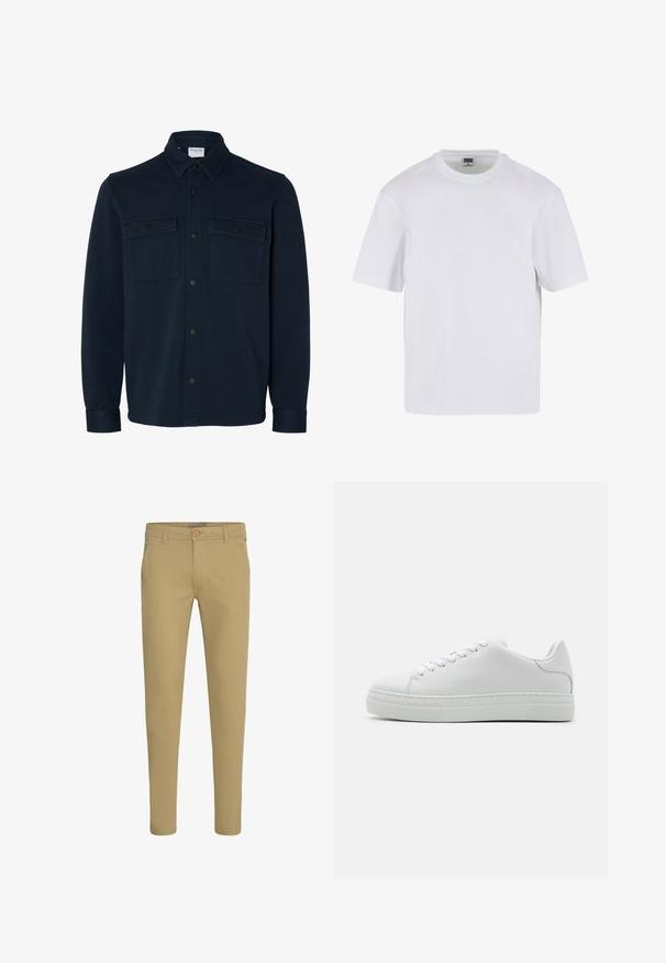 Donker marineblauw shirtjack met lange mouwen, kraag en twee borstzakken met knoopkleppen.; Witte kraagloze t-shirt met korte mouwen, gemaakt van katoen. Heeft een ronde halslijn en een losse pasvorm. Soepele textuur, minimalistisch ontwerp, geen patronen of accenten.; Beige slim-fit chinos met knoop- en ritssluiting, schuine voorzakken en riemlussen, afgebeeld op een witte achtergrond.; Witte leren sneaker met een chunky platformzool, ronde neus en zes veterogen. Gladde textuur met subtiele stiksels.
