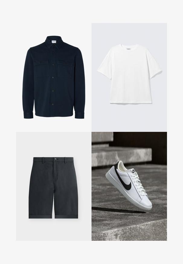 Chaqueta de camisa azul marino oscuro de manga larga con cuello y dos bolsillos en el pecho con solapas y botones.; Camiseta blanca de gran tamaño con mangas cortas, cuello redondo y hombros caídos, plana sobre fondo gris claro.; Pantalones cortos negros hasta la rodilla con dobladillos vuelta, cierre con botón, trabillas para cinturón y diseño frontal plano sobre un fondo blanco liso.; Zapatilla Nike de cuero blanca con el logo negro, cordones atados, suspendida sobre escalones de hormigón gris texturizado.