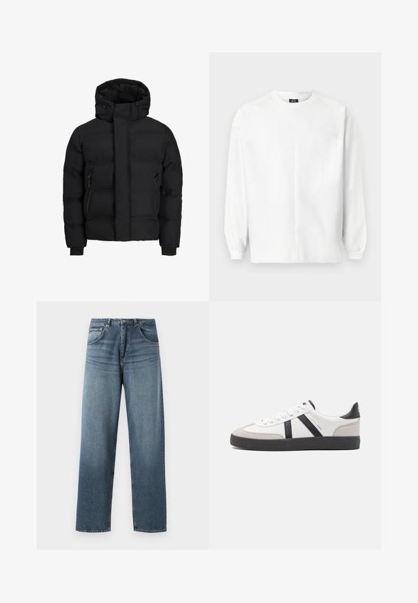 Sort dunjakke med høj krave, justerbar hætte, lynlåslommer i siderne og ærmer med manchetter, designet til koldt vejr.; Hvid sweatshirt lavet af blødt stof, med rund hals, lange raglanærmer, ribstrikkede manchetter og et subtilt broderet logo på brystet.; Lige ben blå denim jeans med en falmet vask, der har fem lommers design, metallisk knap og bæltestropper. Struktureret, medium vægt stof.; Hvide sneakers med sorte og grå detaljer, med en tekstureret grå tåhætte, sort gummisål og flade hvide snørebånd. Rent design, minimalistisk stil.