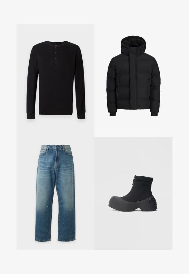 Zwarte donzen jas met hoge kraag, verstelbare capuchon, zijzakken met rits en mouwen met boorden, ontworpen voor koud weer.; Zwarte langelijf henley-shirt met een drieknoopsluiting bij de hals, zachte textuur en geribbelde manchetten, met een klassieke pasvorm en minimalistisch ontwerp.; Blauwe straight-leg spijkerbroek met lichte vervaging en kleine witte verfvlekken, zichtbare voorste knoop en zakdetails.; Zwarte waterdichte enkellaarzen met een glad, rekbaar bovenwerk, gevormde rubberen zool en een zijrits; opvallend breed, afgerond teenontwerp.