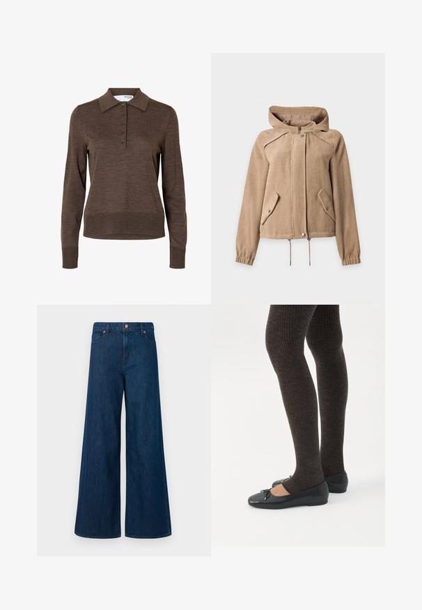 Beige kordfløjsjakke med hætte, lynlås foran, trykknaplukning, to skrå klaplommer, snøre i linningen og elastiske manchetter.; Brun dames poloshirt med lange ærmer, krave og fem knapper foran, lavet af fint strikket stof.; Blå, vidde denim jeans med frontlukning med knap, bæltestropper og fem-lommers design på en hvid baggrund.; Ben iført mørke ribbede leggings kombineret med sorte balletsko med små sløjfedetaljer på hvid baggrund.