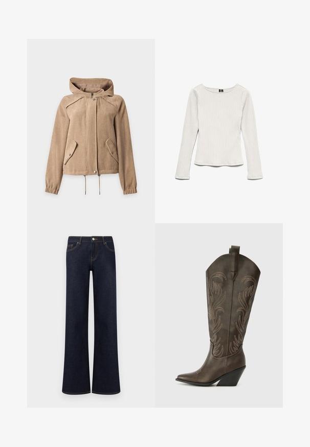Beige kordfløjsjakke med hætte, lynlås foran, trykknaplukning, to skrå klaplommer, snøre i linningen og elastiske manchetter.; Hvid ribstrikket langærmet top med rund halsudskæring, figursyet silhuet og let skæring ved kanten, vist mod en hvid baggrund.; Mørkeblå vidde denimjeans med forlommer, knap- og lynlåslukning samt synlige kontrastsyninger.; Brune læder cowboystøvle med spids tå, kilehæl og dekorativ broderi. Har en høj stok og en trækflap.