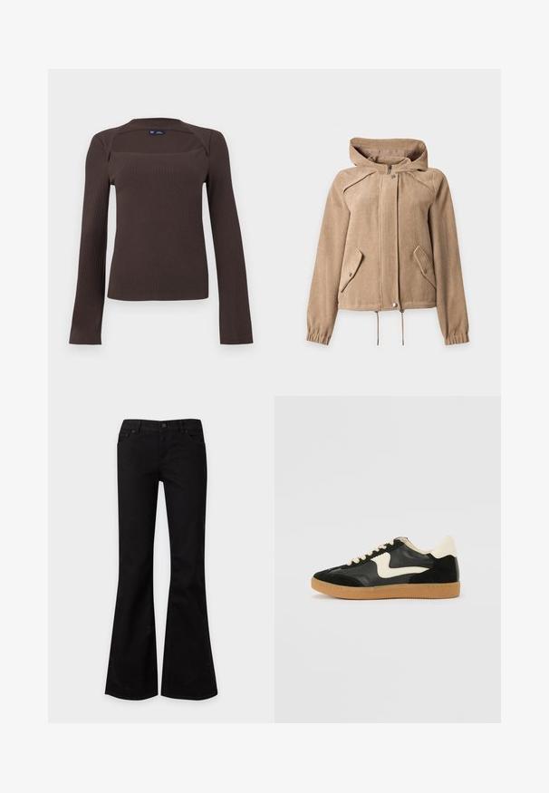 Veste à capuche en velours côtelé beige avec fermeture éclair sur le devant, fermeture par boutons-pression, deux poches à rabat inclinées, ourlet à cordon de serrage et poignets élastiques.; Haut à manches longues côtelé de couleur marron foncé avec un col carré et un léger détail de col, étiquette taille petite de GAP, présenté sur un fond uni.; Jean noir taille haute évasé avec poches avant, passants pour ceinture et fermeture par bouton sur un fond clair uni.; Baskets en daim et cuir noir avec un swoosh latéral crème et un talon crème clair. Dotées de lacets beige et d'une semelle en caoutchouc gomme.