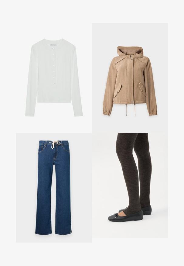 Beige kordfløjsjakke med hætte, lynlås foran, trykknaplukning, to skrå klaplommer, snøre i linningen og elastiske manchetter.; Hvid langærmet top lavet af ribbet stof, med en rund halsudskæring og en knaplukning foran med seks klare knapper.; Blå denim bukser med lige ben, forlommer, knaplukning og hvid snor i taljen.; Ben iført mørke ribbede leggings kombineret med sorte balletsko med små sløjfedetaljer på hvid baggrund.