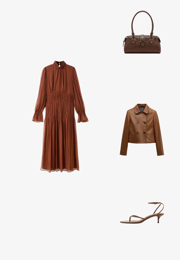 Veste courte en cuir marron avec boutons noirs croisés, col classique, manches longues et poches fendues à l'avant.; Robe midi à manches longues de couleur rouille, avec col montant, détails de tissu plissé et poignets évasés sur fond blanc.; Sandale à talons hauts en cuir marron avec fines brides, boucle d'orteil et boucle à la cheville sur un talon kitten.; Sac à main en cuir marron avec deux poignées, une sangle centrale à boucle et des ferrures dorées, présenté sur fond blanc.