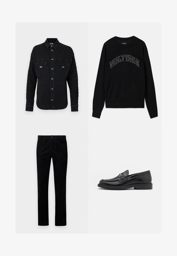 Schwarzes, strukturiertes Hemd mit langen Ärmeln, zwei Brusttaschen und silberfarbenen Knöpfen entlang der Vorderseite. Hergestellt aus gewebtem Stoff mit einem klaren Design.; Schwarzer Pullover mit Rundhalsausschnitt und langen Ärmeln. "VOLTAIRE" in kontrastierender Steppung über der Brust. Weicher Stoff und figurbetonter Schnitt.; Schwarze Cordhose mit einem geraden Schnitt, ausgestattet mit Fronttaschen und einem metallenen Knopfverschluss. Weicher Stoff mit vertikalen Rippungen.; Schwarze Lederleter mit einer abgerundeten Zehenpartie, ausgestattet mit goldenen Hardwareakzenten und Stichdetails, auf einer niedrigen, strukturierten Gummisohle.