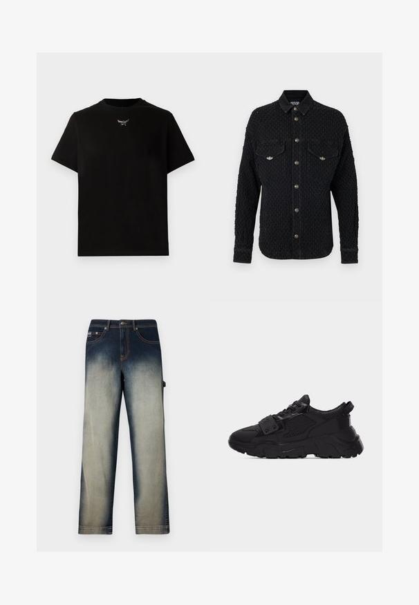 Sort, tekstureret skjorte med lange ærmer, to brystlommer og sølvfarvede knapper foran. Lavet af vævet stof med et struktureret design.; Sort bomulds T-shirt med korte ærmer, rund halsudskæring og en sølvlogo detalje på brystet. Glat tekstur og afslappet pasform.; Straight-leg denim jeans med faldende effekt fra mørkeblå talje til lyseblå ben, med forlommer og bæltesløjfer.; Sort chunky sneaker med mesh- og læderpaneler, tyk tekstureret sål, snørelukning foran og en strop med metalnitter over snørebåndene.