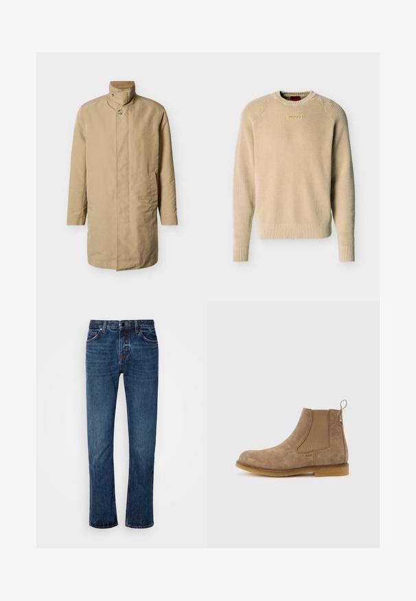 Beige midlængde herrejakke med høj krave, knaplukning og to sidelommer på ensfarvet lyst baggrund.; Beige strikket sweater med struktur, lange ærmer, ribbede manchetter og kant samt et lille rektangulært logopatch på brystet.; Mænds blå denim jeans med lige ben design, standard talje, fem-lomme stil og subtilt slid langs lårene.; Lysebrun ruskinds Chelsea-støvle med elastiske sidepaneler, træk-flap ved hælen og gummisål.
