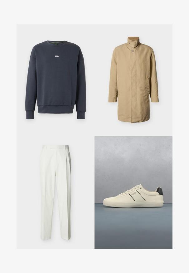 Beežkeskmise pikkusega meeste mantel kõrge krae, nööpidega kinni, kahe küljetaskuga, ühtlasel heledal taustal.; Tumedat sinine sweatshirt pehmest kangast, ümmarguse kaelusega, pikkade varrukatega ja väikese valge "BOSS" logoga rinnal.; Valged, kohandatud kõrge vöökohaga püksid vööaasade ja eessete voldikutega, toodud esile ühevärvilisel taustal.; Kreemikaalased sneekerid sileda pinnaga, millel on mustad aktsendid ja bränding. Klassikaline paeltega mudel ümmarguse ninaga ja kummist tallaga.