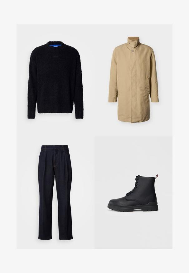 Beige midlængde herrejakke med høj krave, knaplukning og to sidelommer på ensfarvet lyst baggrund.; Sort sweater lavet af tekstureret strikket stof, med rund halsudskæring, lange ærmer og ribbestrikkede manchetter og kant. Subtil branding på brystet.; Mørkeblå vidde denim jeans med frontfældninger og orange syninger, vist på hvid baggrund.; Sort læder ankelstøvle med snørebånd foran, tykk gummisål og rød løftestrop ved hælen, vist mod en ensfarvet lys baggrund.