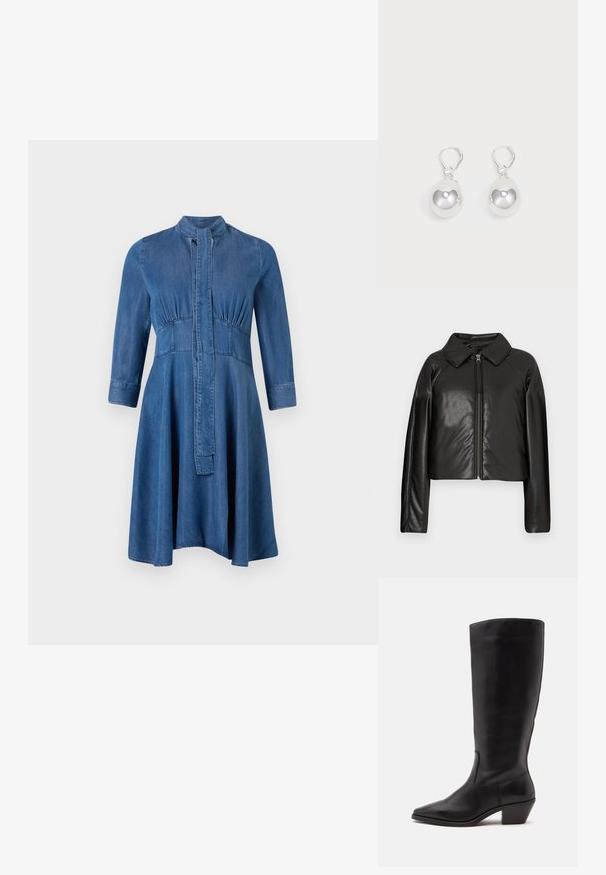 Mustast kunstnahast lühike jakk, millel on kraega kaelus ja tõmblukuga sulgemine. Omab pikki varrukaid ja sujuvat, läikivat tekstuuri.; Denimkleit, millel on terved bodice, pikad varrukad, püstitatud krae ja laienev seelik; sisaldab nööpidega esipaneeli ja kogutud detaile.; Must nahktõmmiku keskmise säärega saabas, millel on terav nina ja madal kaldu konts heledal ühevärvilisel taustal.; Hõbedased langenud kõrvarõngad, millel on siledad, ümmargused, peegeldavad pinnad, mis ripuvad klamberkinnituselt. Taust on lihtne valge.