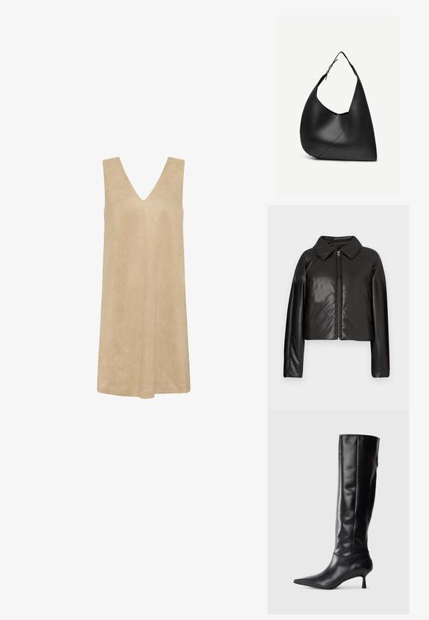 Sort kunstlæder cropped jakke med krave og lynlåslukning. Har lange ærmer og en glat, blank tekstur.; Beige ærmeløs kjole med dyb V-hals, lavet af blødt, tekstureret stof. Løs pasform med A-linje silhuet, velegnet til varmt vejr.; Sorte læder knæhøje støvler med spids tå og slank buet hæl. Glat tekstur, tætsiddende design og ingen synlig hardware eller mønstre.; Sort læder skuldertaske med buet trekantet form, enkelt justerbart rem og synlig diagonal søm foran.