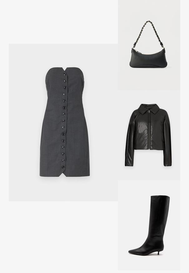 Schwarze Kunstleder-Cropped-Jacke mit Kragen und Reißverschluss. Mit langen Ärmeln und glatter, glänzender Textur.; Graues trägerloses Kleid mit taillierter Silhouette, das mit einer Knopfleiste auf der Vorderseite und einem V-Ausschnitt gestaltet ist. Glatte Textur, maßgeschneiderter Stoff.; Schwarzer kniehoher Lederstiefel mit spitz zulaufender Schuhspitze und niedrigem Kittenabsatz vor einem schlichten hellen Hintergrund.; Schwarze Lederschultertasche mit gewölbter rechteckiger Form, goldener Kette, die in den geflochtenen schwarzen Riemen eingewebt ist, und Reißverschlussverschluss oben.