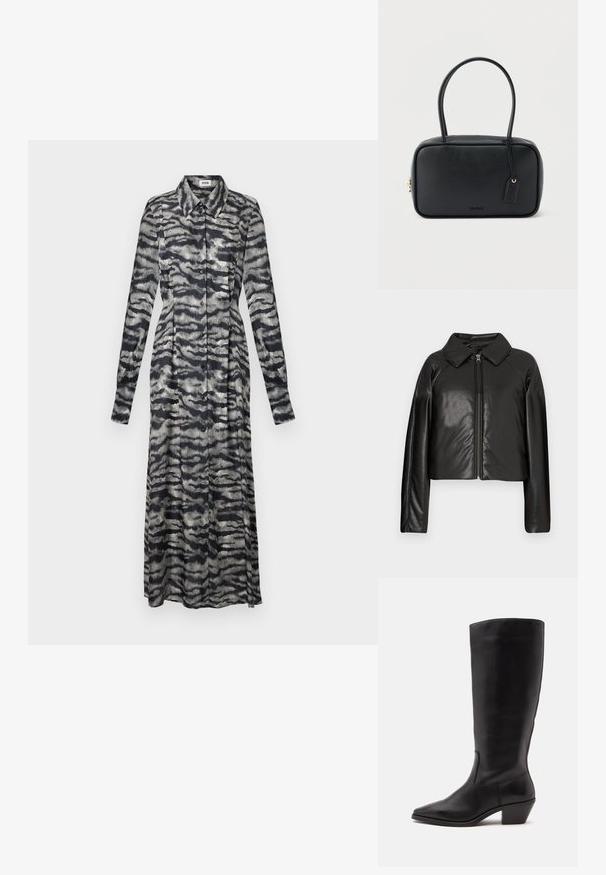 Zwarte faux leren cropped jack met een kraag en ritssluiting. Heeft lange mouwen en een soepele, glanzende textuur.; Lange gemusterde jurk in zwart en grijs met een kraag, lange mouwen, knoopsluiting en een vloeiende pasvorm, met een golvend abstract ontwerp.; Zwarte leren laars tot half op de kuit met een puntige neus en een lage schuine hak op een effen lichte achtergrond.; Zwarte rechthoekige handtas met dubbele afgeronde handvaten, gouden ritssluiting en geperst "HUGO" logo aan de voorkant met een aangehecht lederen label.