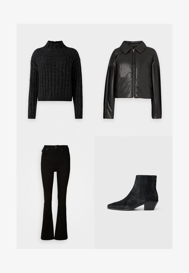 Sort kunstlæder cropped jakke med krave og lynlåslukning. Har lange ærmer og en glat, blank tekstur.; Sort chunky strikket sweater med ribbet mønster, lange ærmer og en kort ståkrave.; Sorte flare jeans lavet af denim, med høj talje, forlommer og et klassisk fem-lomme design med metalhardware detaljer.; Sort ankelstøvle med spidse tæer, tekstureret håragtigt materiale, ribbet sidepanel og en lav, firkantet hæl. Simpelt og moderne design.