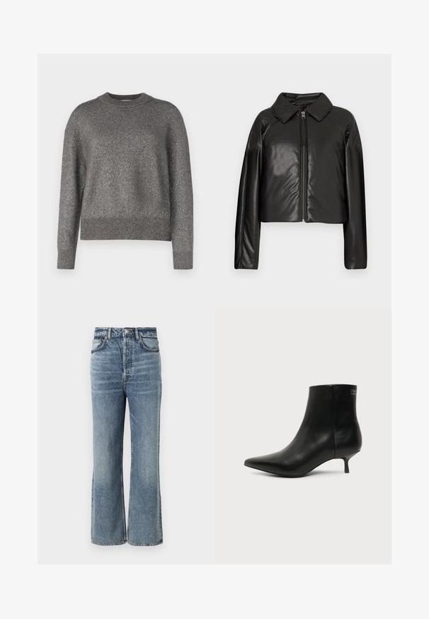 Sort kunstlæder cropped jakke med krave og lynlåslukning. Har lange ærmer og en glat, blank tekstur.; Grå sweater med en refleksiv strikket tekstur, rund halsudskæring, og ribbede manchetter og kant; let løs pasform og lange ærmer.; Lysblå højtaljede jeans med bred benudskæring, afsluttet med subtilt falming, fem-lomme design og metalknap hardware.; Sort læder ankelstøvle med spids tå og lav kitten hæl på lys baggrund, der viser yderside.