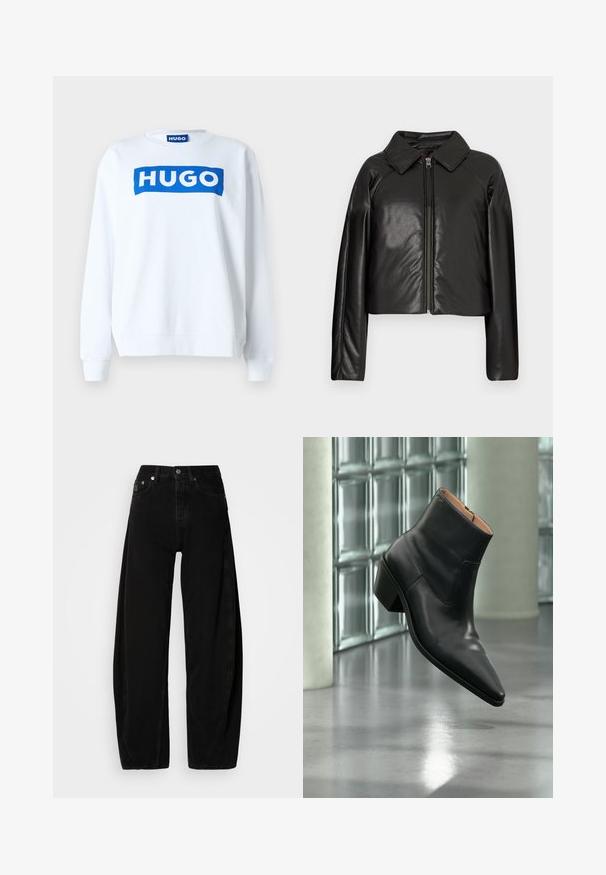 Schwarze Kunstleder-Cropped-Jacke mit Kragen und Reißverschluss. Mit langen Ärmeln und glatter, glänzender Textur.; Weißer Sweatshirt aus Baumwollmischung mit einem blauen "HUGO"-Logo auf der Vorderseite, Rundhalsausschnitt und gerippten Bündchen und Saum.; Schwarze Denim-Hosen mit weitem Bein und hoher Taille, ausgestattet mit einer Knopfleiste, fünf Taschen und minimalistischen Nähdetails.; Schwarzer Leder-Stiefelette mit spitzer Schuhspitze und Blockabsatz, der über einem reflektierenden grauen Boden nahe einer Glassteinwand schwebt.