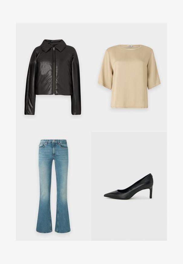 Schwarze Kunstleder-Cropped-Jacke mit Kragen und Reißverschluss. Mit langen Ärmeln und glatter, glänzender Textur.; Beige Baumwoll-T-Shirt mit rundem Ausschnitt, kurzen Ärmeln und lockerer Passform. Glatte Textur ohne sichtbare Muster oder Verzierungen.; Helle blaue Jeans mit ausgestelltem Bein, fünf Taschen, gestickten Details und einem Bund mit Knopf- und Reißverschluss.; Schwarzer, spitz zulaufender High-Heel-Pumps aus Leder mit einem schlanken, mittelhohen Absatz auf einem schlichten hellgrauen Hintergrund.
