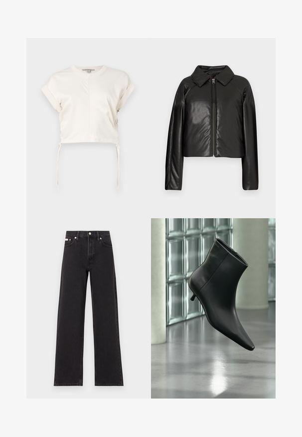 Zwarte faux leren cropped jack met een kraag en ritssluiting. Heeft lange mouwen en een soepele, glanzende textuur.; Crème cropped top van gladde stof, met een ronde halslijn, korte mouwen en verstelbare zijknoopjes. Eenvoudig, strak ontwerp.; Zwarte wijde spijkerbroeken van denim, met een hoge taille, vijf-pocket stijl en een metalen knoopsluiting met contrasterende stiksels.; Zwarte leren enkellaars met spits toelopende neus en lage kittenhak, schuin weergegeven tegen een gepolijste vloer en een glazen blokken muur als achtergrond.