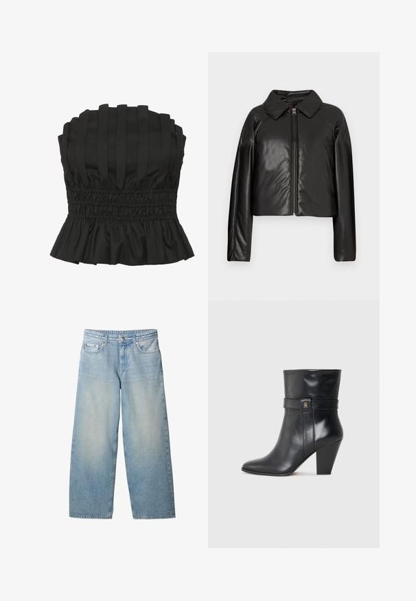 Sort kunstlæder cropped jakke med krave og lynlåslukning. Har lange ærmer og en glat, blank tekstur.; Sort strapless top med vertikale plisseringer, smocket talje og en bølget kant. Lavet af struktureret stof for en tætsiddende silhuet.; Lyseblå jeans med vide ben, foran knap, lynlås, bæltestropper og Calvin Klein-logo på lille forlomme.; Tommy Hilfiger Højhælede støvletter - black