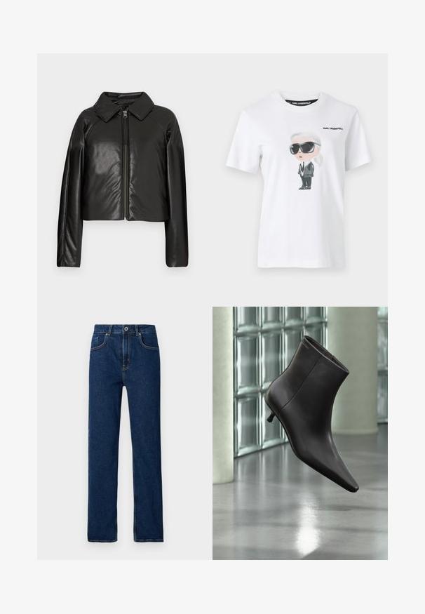 Chaqueta corta de imitación piel negra con cuello con solapa y cierre de cremallera. Presenta mangas largas y una textura suave y brillante.; Camiseta blanca de algodón con una ilustración gráfica de un personaje con gafas de sol negras y un traje. La etiqueta dice "KARL LAGERFELD."; Vaqueros de denim azul oscuro con piernas rectas, diseño de cinco bolsillos, costuras visibles y cierre de botón metálico en la cintura.; Bota de cuero negro para el tobillo con puntera puntiaguda y tacón pequeño, exhibida frente a una pared de bloques de vidrio y un suelo pulido.