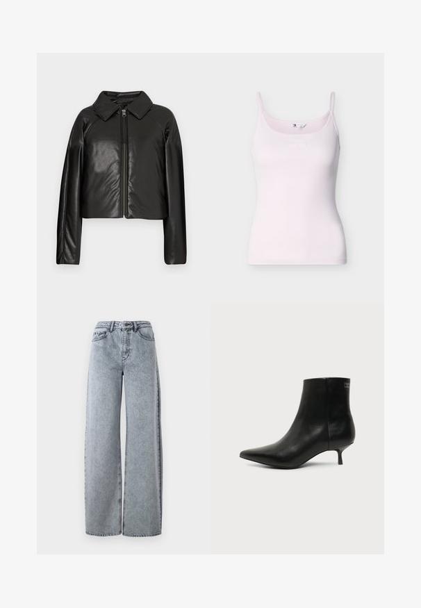 Sort kunstlæder cropped jakke med krave og lynlåslukning. Har lange ærmer og en glat, blank tekstur.; Lyserød ribstrikket camisole med tynde stropper og diskret Tommy Jeans-logo på brystet, vist på en hvid baggrund.; Lysvasket denim brede bukser med høj talje, der har forlommer, bæltestropper og kontrastsyninger.; Sort læder ankelstøvle med spids tå og lav kitten hæl på lys baggrund, der viser yderside.