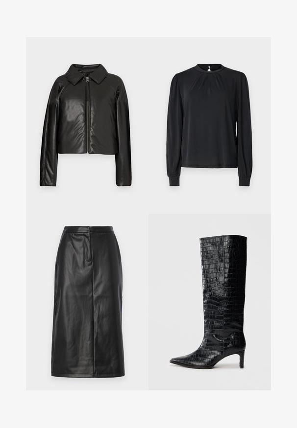 Chaqueta corta de imitación piel negra con cuello con solapa y cierre de cremallera. Presenta mangas largas y una textura suave y brillante.; Blusa negra de manga larga con cuello alto, detalle fruncido en la parte delantera y puños elásticos. Tejido suave con un brillo sutil.; Falda de cuero negra con una silueta ajustada, que presenta una textura suave, diseño de longitud media y detalles de costura sutiles. Sin acentos de herrajes.; Botas negras de media caña con textura brillante de patrón de cocodrilo, punta afilada y tacón cónico. Material sintético liso.
