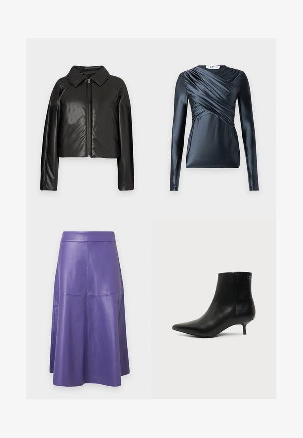 Veste cropped en simili cuir noir avec un col et fermeture zippée. Dispose de longues manches et d'une texture lisse et brillante.; Haut à manches longues en satin bleu marine foncé avec des détails froncés à l'avant et une texture lisse, mettant en valeur un col rond et une silhouette ajustée.; Jupe trapèze en cuir violet à texture lisse, avec des coutures verticales et un éclat subtil. Ceinture confectionnée pour une silhouette ajustée.; Bottine en cuir noir avec bout pointu et petit talon kitten sur fond clair, vue côté extérieur.
