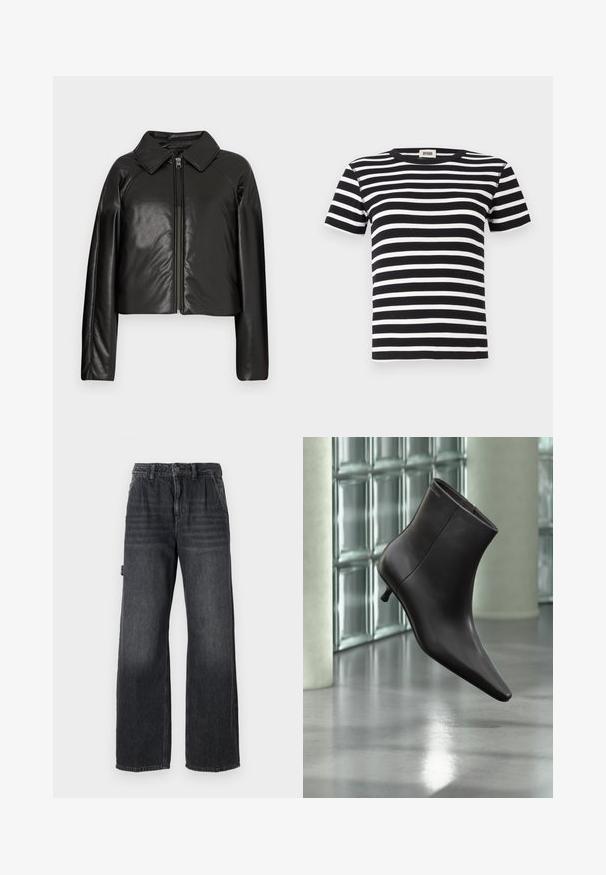 Sort kunstlæder cropped jakke med krave og lynlåslukning. Har lange ærmer og en glat, blank tekstur.; Sort-hvidstribet kortærmet t-shirt, ribbet tekstur, klassisk rund hals design, har vandrette striber i varierende bredder.; Bredde bukser i mørkegrå denim med høj talje, forlommer og diskret slidmærker på lårene. Kontrastsyning.; Sort læderankelstøvle med spids tå og lille hæl vist mod en væg af glasblokke og poleret gulv baggrund.