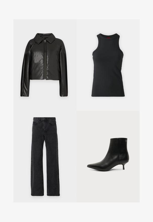Zwarte faux leren cropped jack met een kraag en ritssluiting. Heeft lange mouwen en een soepele, glanzende textuur.; Zwarte mouwloze tanktop gemaakt van rekbare stof. Heeft een ronde hals en een aansluitende snit met minimale stikdetails.; Zwarte denim jeans met een wijd pijpdesign, voorzien van de klassieke vijf-pocket stijl, knoopsluiting en subtiele vervaging.; Zwart leren enkellaars met puntige neus en lage kittenhak op lichte achtergrond, zijaanzicht buitenkant.