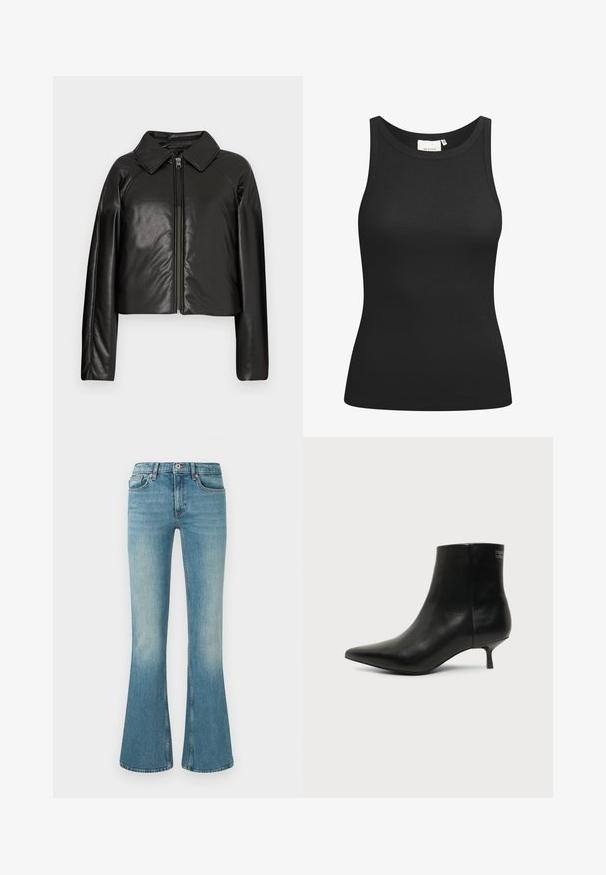 Veste cropped en simili cuir noir avec un col et fermeture zippée. Dispose de longues manches et d'une texture lisse et brillante.; Débardeur noir en tissu côtelé, avec un décolleté en forme de rond et une coupe ajustée. Coutures plates et sans ornements. Design simple et épuré.; Jeans en denim bleu évasés avec un lavage léger, cinq poches, un détail de couture et une taille avec un bouton et une fermeture éclair.; Bottine en cuir noir avec bout pointu et petit talon kitten sur fond clair, vue côté extérieur.