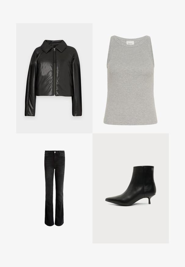 Sort kunstlæder cropped jakke med krave og lynlåslukning. Har lange ærmer og en glat, blank tekstur.; Grå ribbet tanktop med rund halsudskæring og ærmeløs design. Fremstillet af blødt stof, har en tætsiddende silhuet og minimale syninger.; Sorte flared jeans lavet af denim, med høj talje, fem lommer og sølvfarvet knaplukning. Glat tekstur med subtilt falm.; Sort læder ankelstøvle med spids tå og lav kitten hæl på lys baggrund, der viser yderside.