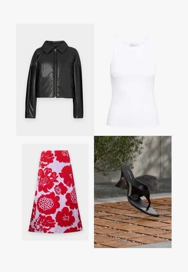 Sort kunstlæder cropped jakke med krave og lynlåslukning. Har lange ærmer og en glat, blank tekstur.; Hvid ribbet tanktop med rund halsudskæring og uden ærmer. Strækbart stof og tætsiddende design. Etiketten bagpå viser "GESTUZ."; Rød blomstret nederdel på hvid baggrund; knælang med en svungen design og glat tekstur. Ingen synlige lukninger eller accenter.; Sort Calvin Klein hæl-sandal med åben tå, der svæver over en udendørs flisebelagt overflade med grønne planter og en betonvæg i baggrunden.