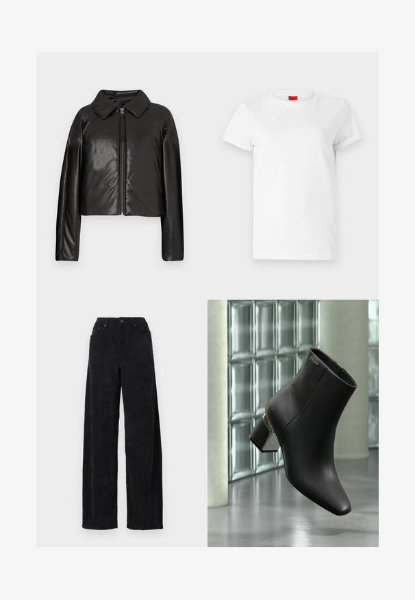 Chaqueta corta de imitación piel negra con cuello con solapa y cierre de cremallera. Presenta mangas largas y una textura suave y brillante.; Camiseta blanca de manga corta hecha de algodón ligero. Presenta un escote redondo y mangas enrolladas. Etiqueta de logo roja en el cuello.; Pantalones de sarga ancha negros con una cintura alta, que cuentan con dos bolsillos frontales y una sutil textura de canalé vertical.; Botín de cuero negro con tacón cuadrado, logo DKNY cerca de la parte superior, exhibido frente a una pared de bloques de vidrio y suelo de hormigón pulido.