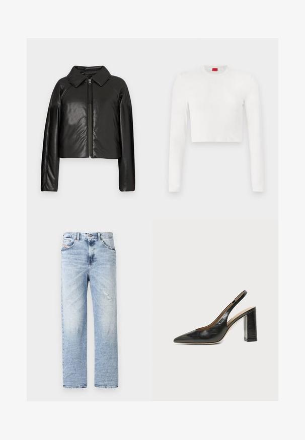 Veste cropped en simili cuir noir avec un col et fermeture zippée. Dispose de longues manches et d'une texture lisse et brillante.; Haut long à manches longues, blanc et cropped, fabriqué en tissu lisse. Présente un col rond et un détail de logo discret sur la poitrine.; Jean en denim bleu clair avec une coupe droite, présentant de légers abrasements et un design traditionnel à cinq poches. Ceinture classique avec bouton.; Chaussure slingback en cuir noir à bout pointu avec un talon bloc haut et une doublure intérieure beige sur un fond clair uni.