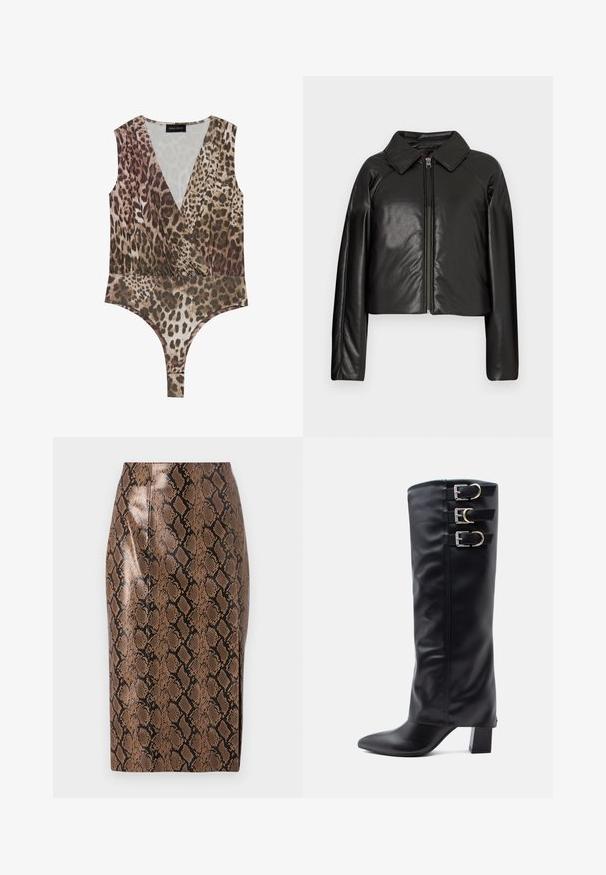 Chaqueta corta de imitación piel negra con cuello con solapa y cierre de cremallera. Presenta mangas largas y una textura suave y brillante.; Body de estampado de leopardo con escote en V pronunciado, sin mangas, cintura fruncida y parte inferior alta en tonos marrón y beige.; Falda lápiz de estampado de serpiente marrón con un acabado brillante, que presenta un diseño ajustado y costuras verticales para una silueta estilizada.; Botas negras hasta la rodilla hechas de suave cuero sintético con puntera afilada, que cuentan con tres hebillas plateadas en el costado y un tacón grueso.