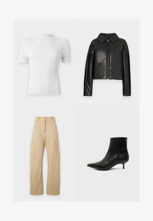 Veste cropped en simili cuir noir avec un col et fermeture zippée. Dispose de longues manches et d'une texture lisse et brillante.; Top blanc à manches courtes côtelé avec un col haut et une finition texturée. Présente des lignes verticales subtiles et une silhouette ajustée.; Pantalons cargo beiges en coton, avec une taille haute, des jambes larges, deux poches latérales et deux grandes poches cargo sur les cuisses.; Bottine en cuir noir avec bout pointu et petit talon kitten sur fond clair, vue côté extérieur.